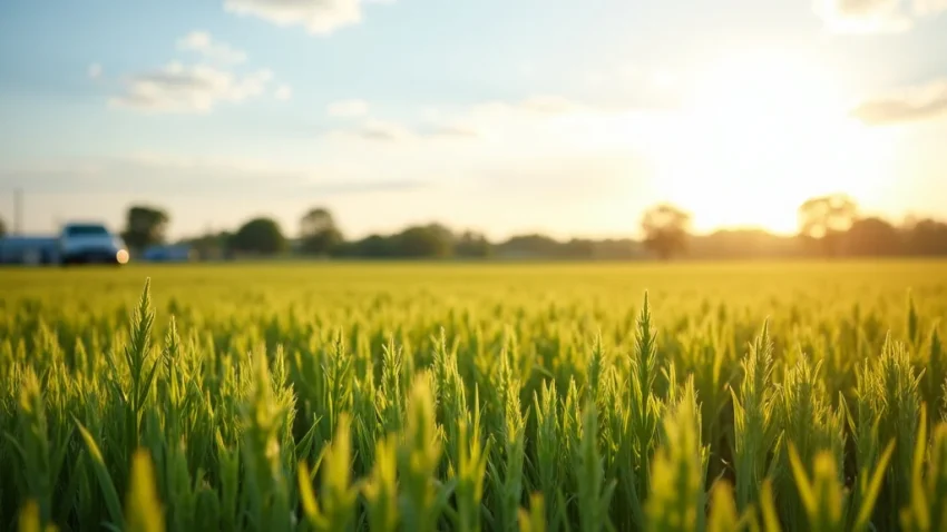 The image shows vast agricultural fields, representing opportunities for finding land for sale nearby.