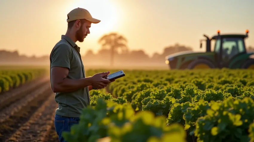 The image shows a person looking at diverse fields, representing finding your path in agriculture jobs.